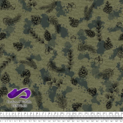 Conifères et taches vert foncé sur fond olive