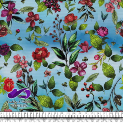 Embroidery bloom - Roses sur fond bleu