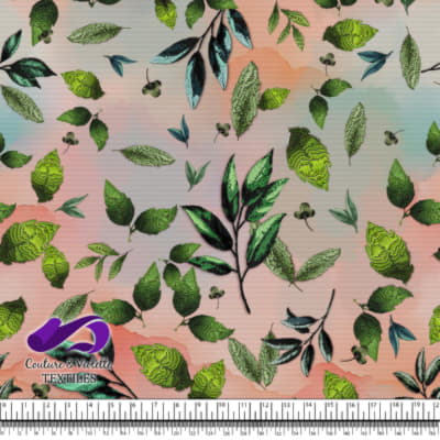 Embroidery bloom - Feuilles sur fond corail