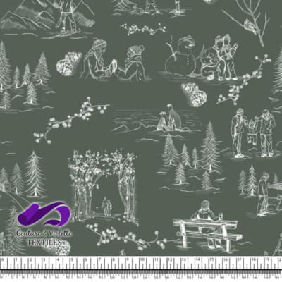 Toile de Jouy - Hiver sur fond dark sage