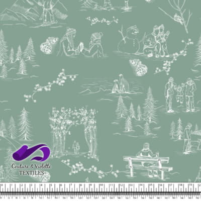 Toile de Jouy - Hiver sur fond granite green