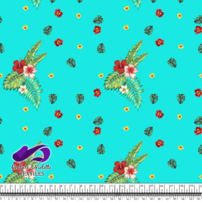 Tropical - hibiscus et palmier - Bleu Tiffany